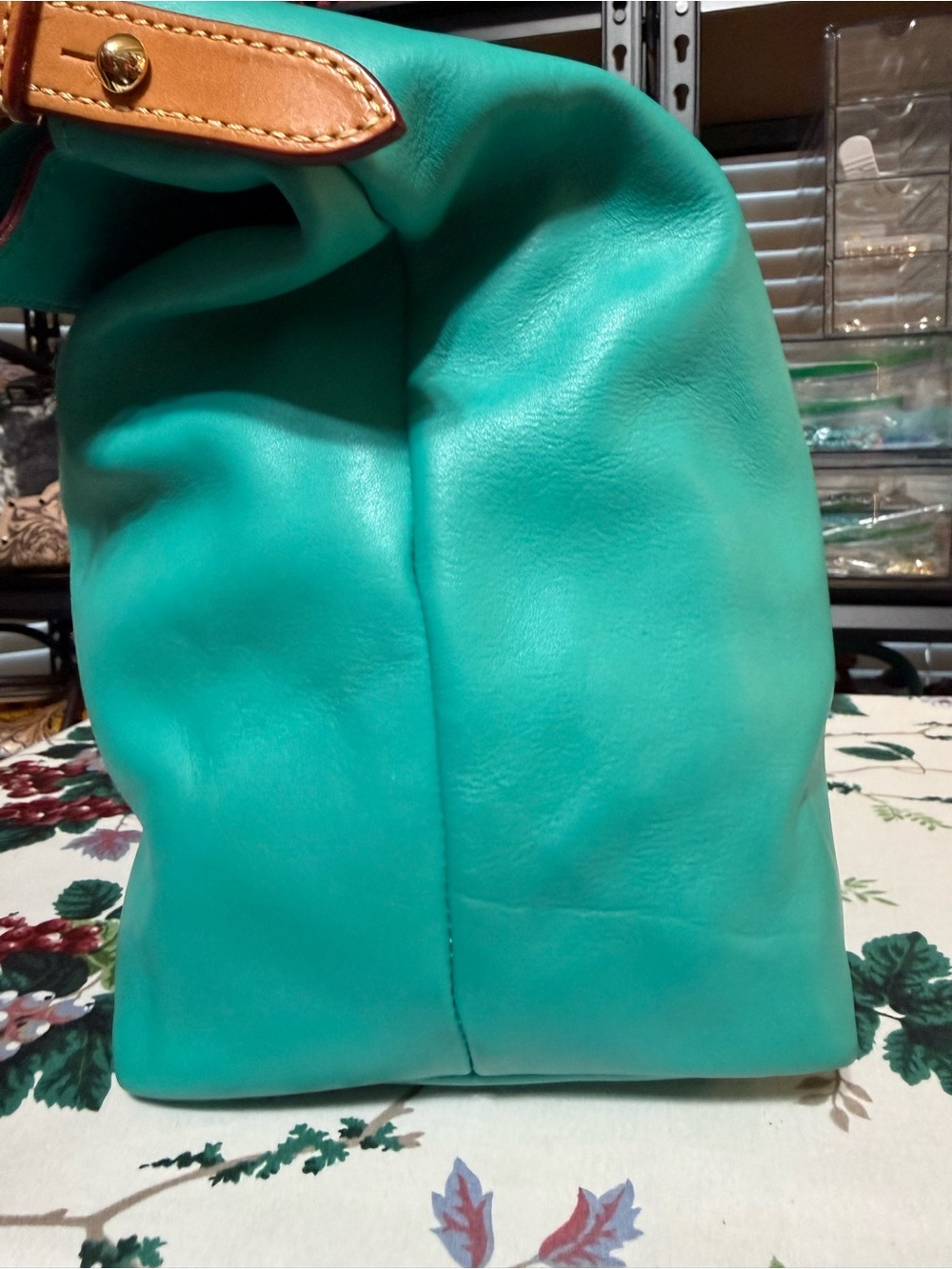 Dooney & Bourke McKenzie Teal Leather Hobo Shoulder Bag with Tan Trim - Picture 5 of 14